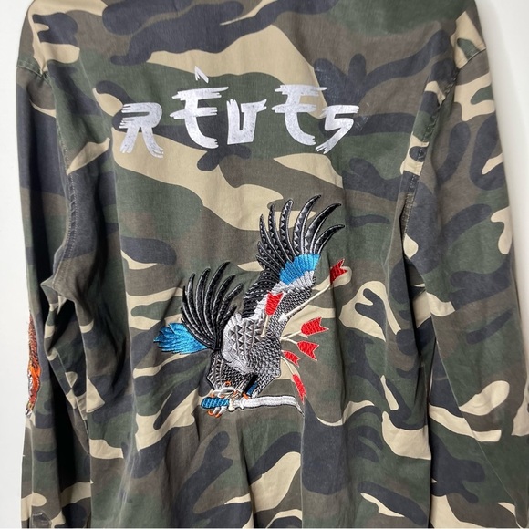 Reves men camouflage green button down jacket with embroidery tiger and eagle XL - Picture 6 of 10